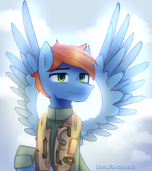 Size: 2526x2840 | Tagged: safe, artist:opal_radiance, oc, oc only, unnamed oc, pegasus, pony, cloud, day, eyebrows, high res, looking at you, male, pegasus oc, signature, sky, smiling, smiling at you, solo, spread wings, stallion, wings