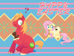 Size: 2880x2160 | Tagged: safe, anonymous artist, angel bunny, big macintosh, fluttershy, earth pony, pegasus, pony, rabbit, series:fm holidays, g4, animal, annoyed, chocolate, chocolate bunny, confused, covered eyes, easter, eating, female, food, frown, happy easter, high res, holiday, lineless, male, mare, no pupils, puffy cheeks, question mark, ship:fluttermac, shipping, sitting, stallion, straight