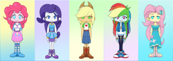 Size: 5735x2030 | Tagged: safe, alternate version, artist:batipin, applejack, fluttershy, pinkie pie, rainbow dash, rarity, human, equestria girls, g4, breasts, chibi, converse, female, gradient background, no nose, no pupils, shoes