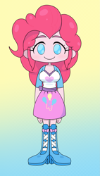 Size: 1143x2018 | Tagged: safe, artist:batipin, pinkie pie, human, equestria girls, g4, breasts, chibi, clothes, female, gradient background, looking at you, no nose, no pupils, shoes, solo