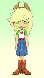 Size: 1143x2018 | Tagged: safe, artist:batipin, applejack, human, equestria girls, g4, chibi, eye clipping through hair, eyebrows, eyebrows visible through hair, female, gradient background, looking at you, no nose, no pupils, solo
