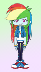 Size: 1143x2018 | Tagged: safe, artist:batipin, rainbow dash, human, equestria girls, g4, chibi, converse, female, gradient background, looking at you, no nose, no pupils, shoes, solo