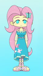 Size: 1143x2018 | Tagged: safe, artist:batipin, fluttershy, human, equestria girls, g4, breasts, chibi, clothes, female, gradient background, looking at you, no nose, no pupils, shoes, solo