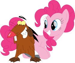 Size: 3534x2960 | Tagged: safe, artist:porygon2z, pinkie pie, beaver, earth pony, pony, g4, angry beavers, crossover, cute, daggett doofus beaver, diapinkes, duo, female, high res, male, mare, simple background, transparent background, vector