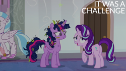 Size: 1920x1080 | Tagged: safe, edit, edited screencap, editor:quoterific, screencap, ocellus, silverstream, starlight glimmer, twilight sparkle, alicorn, changedling, changeling, classical hippogriff, hippogriff, pony, unicorn, a matter of principals, g4, butt, female, mare, messy mane, messy tail, offscreen character, open mouth, open smile, plot, school of friendship, scratches, scuff mark, smiling, tail, teenager, trio focus, twig, twilight sparkle (alicorn), walking