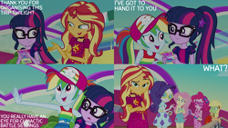 Size: 2000x1125 | Tagged: safe, edit, edited screencap, editor:quoterific, screencap, applejack, fluttershy, pinkie pie, rainbow dash, rarity, sci-twi, sunset shimmer, twilight sparkle, human, equestria girls, equestria girls specials, g4, my little pony equestria girls: better together, my little pony equestria girls: spring breakdown, confused, crossed arms, drink, female, glasses, green face, gritted teeth, humane five, humane seven, humane six, open mouth, open smile, seasickness, smiling, sunset shimmer is not amused, teeth, unamused