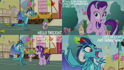 Size: 2000x1125 | Tagged: safe, edit, edited screencap, editor:quoterific, screencap, princess ember, spike, starlight glimmer, dragon, pony, unicorn, g4, triple threat, balloon, cute, dragoness, emberbetes, female, frown, greeting, grin, hello, implied twilight sparkle, male, mare, mistaken identity, musical instrument, nervous, nervous smile, open mouth, open smile, ponyville, ponyville town hall, smiling, trio, trumpet