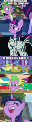 Size: 488x1844 | Tagged: safe, edit, edited screencap, screencap, sludge (g4), spike, twilight sparkle, alicorn, dragon, pony, dragon quest, father knows beast, g4, abuse, book, caption, child abuse, comic, cruel, crying, female, golden oaks library, image macro, laughing, op is a duck, op is trying to start shit, screencap comic, shitposting, spikeabuse, text, twilight sparkle (alicorn), twilight's castle, verbal abuse, winged spike, wings