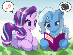 Size: 2000x1500 | Tagged: safe, artist:ragurimo, starlight glimmer, trixie, pony, unicorn, abstract background, book, confused, duo, eyebrows, female, hoof hold, lying down, mare, music notes, prone, raised eyebrow, reading, simple background, smiling, speech bubble