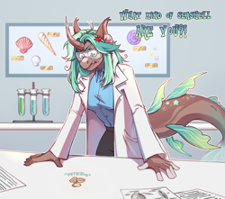 Size: 3070x2709 | Tagged: safe, artist:djkaskan, oc, oc only, sea pony, unicorn, anthro, breasts, clothes, curved horn, female, goggles, high res, horn, joke, lab coat, pistachio nut, science, scientist, solo, test tube, vein bulge