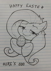 Size: 1105x1546 | Tagged: safe, artist:whiskeypanda, fluttershy, pegasus, pony, g4, bust, doodle, easter, easter egg, egg, female, holiday, ink drawing, lined paper, looking at you, smug, text, traditional art