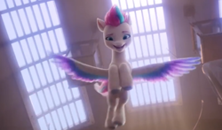 Size: 700x411 | Tagged: safe, screencap, zipp storm, pegasus, pony, g5, my little pony: a new generation, spoiler:my little pony: a new generation, adorazipp, balcony, ceiling, colored hooves, colored wings, cute, female, flying, from below, gliding, looking at you, looking down, looking down at you, mare, open mouth, smiling, solo, spread wings, white coat, window, wings