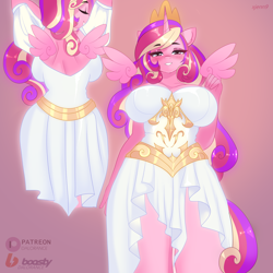 Size: 3000x3000 | Tagged: safe, artist:xjenn9, princess cadance, alicorn, anthro, g4, big breasts, blushing, breasts, busty princess cadance, clothes, dress, female, floating wings, heart, heart eyes, high res, horn, huge breasts, looking at you, milf, solo, wingding eyes, wings