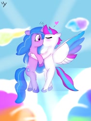 Size: 960x1280 | Tagged: safe, artist:madelmena, izzy moonbow, zipp storm, pegasus, pony, unicorn, g5, blushing, cloud, colored wings, duo, eyes closed, female, floating heart, flying, heart, kiss on the lips, kissing, lesbian, mare, multicolored mane, multicolored wings, ship:zippzzy, shipping, spread wings, surprised, unshorn fetlocks, wings