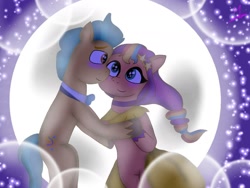 Size: 1280x960 | Tagged: safe, artist:madelmena, hitch trailblazer, sunny starscout, earth pony, pony, g5, blushing, bowtie, braid, bubble, choker, clothes, dancing, dress, duo, duo male and female, female, hairpin, looking at each other, looking at someone, male, mane stripe sunny, mare, moon, multicolored hair, night, rainbow hair, ship:starblazer, shipping, stallion, starry eyes, stars, straight, unshorn fetlocks, wingding eyes