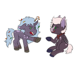 Size: 1600x1500 | Tagged: safe, artist:whimsicalseraph, oc, oc only, oc:fiasco fortune, oc:ruinous rumination, bat pony, bat pony unicorn, hybrid, pony, unicorn, argument, bandage, chibi, curved horn, fangs, horn, incest, leaves, leaves in hair, missing cutie mark, muddy hooves, patreon, patreon reward, siblings