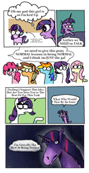 Size: 2572x4977 | Tagged: safe, artist:punkittdev, applejack, fluttershy, pinkie pie, rainbow dash, rarity, starlight glimmer, twilight sparkle, alicorn, earth pony, pegasus, pony, unicorn, g4, the cutie re-mark, comic, dialogue, female, hoers, mane six, mare, normal, scene interpretation, twilight sparkle (alicorn)