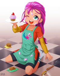 Size: 1000x1269 | Tagged: safe, artist:uotapo, sunny starscout, human, equestria girls, g4, g5, apron, clothes, cupcake, cute, cutie mark on clothes, equestria girls-ified, female, food, frosting, g5 to equestria girls, g5 to g4, generation leap, hair tie, jar, kneeling, messy, missing shoes, one eye closed, open mouth, plate, shirt, shorts, socks, solo, stocking feet, strawberry, sunnybetes, tiled floor, undershirt, whisk, young sunny starscout, younger