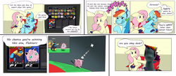 Size: 3999x1742 | Tagged: safe, artist:balileart, fluttershy, rainbow dash, jigglypuff, pegasus, pony, g4, captain falcon, chair, comic, controller, dialogue, eyebrows, eyebrows visible through hair, floppy ears, gamer dash, gamer fluttershy, plushie, pokémon, smiling, smug, super smash bros., video game, wing hands, wings