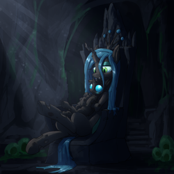 Size: 2000x2000 | Tagged: safe, artist:uteuk, queen chrysalis, changeling, changeling queen, g4, blushing, cave, changeling slime, cute, cutealis, cuteling, drone, duo, female, high res, hive, hug, looking at each other, looking at someone, mommy chrissy, sitting, smiling, throne, underhoof