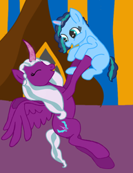 Size: 720x935 | Tagged: safe, artist:misty arcana(eva.zz), misty brightdawn, opaline arcana, alicorn, pony, unicorn, g4, g5, spoiler:g5, blank flank, curved horn, duo, eyes closed, female, filly, filly misty brightdawn, g5 to g4, generation leap, happy, holding a pony, horn, mama opaline, mare, misty arcana, mom opaline, nicealine, open mouth, open smile, playing, smiling, spread wings, wings, younger