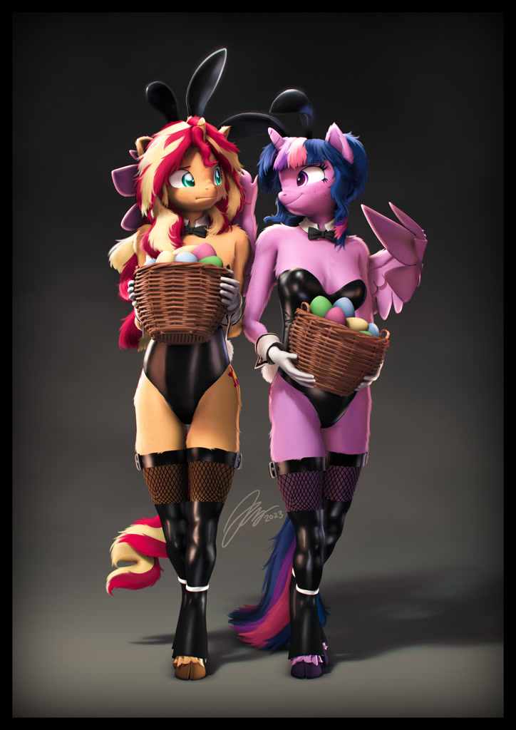 [:i,3d,alicorn,anthro,basket,border,bowtie,bunny ears,bunny suit,chest fluff,classical unicorn,clothes,cloven hooves,corset,costume,cute,duo,easter,easter egg,egg,embarrassed,female,film grain,fishnets,floppy ears,fluffy,freckles,fur,gloves,holding,holiday,horn,latex,lesbian,long hair,long mane,mare,matching outfits,multicolored hair,nervous,nose wrinkle,outfit,paintover,playboy bunny,safe,see-through,sexy,shadow,shiny,shipping,signature,socks,source filmmaker,stockings,tail,thigh highs,twilight sparkle,unicorn,unshorn fetlocks,unsure,wings,looking at each other,sunset shimmer,easter basket,ear fluff,twiabetes,sunsetsparkle,duo female,sleeveless,colored eyelashes,adorasexy,bunny tail,chromatic aberration,chest freckles,colored eyebrows,latex corset,shoulder freckles,smiling,unguligrade anthro,varying degrees of amusement,cheek fluff,chin fluff,sci-twi,fluffy tail,fluffy mane,fishnet clothing,artist:imafutureguitarhero,fishnet pantyhose,wall of tags,multicolored tail,thigh squish,scitwishimmer,ear freckles,shoulder fluff,absurd resolution,fluffy hair,leg fluff,leonine tail,latex stockings,multicolored mane,twilight sparkle (alicorn),scitwilicorn,latex clothes,cuffs (clothes),arm fluff,arm freckles,dialogue in the description,looking at someone,leg freckles,revamped anthros,revamped ponies,cleavage fluff,peppered bacon,partially open wings]