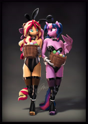 Size: 4000x5656 | Tagged: safe, artist:imafutureguitarhero, sci-twi, sunset shimmer, twilight sparkle, alicorn, classical unicorn, unicorn, anthro, unguligrade anthro, g4, 3d, :i, absurd resolution, adorasexy, arm fluff, arm freckles, basket, black leotard, border, bowtie, bunny ears, bunny suit, bunny tail, cheek fluff, chest fluff, chest freckles, chin fluff, chromatic aberration, cleavage fluff, clothes, cloven hooves, colored eyebrows, colored eyelashes, corset, costume, cuffs (clothes), cute, dialogue in the description, duo, duo female, ear fluff, ear freckles, easter, easter basket, easter egg, egg, embarrassed, female, film grain, fishnet clothing, fishnet pantyhose, fishnets, floppy ears, fluffy, fluffy hair, fluffy mane, fluffy tail, freckles, fur, gloves, holding, holiday, horn, latex, latex clothes, latex corset, latex stockings, leg fluff, leg freckles, leonine tail, leotard, lesbian, long hair, long mane, looking at each other, looking at someone, mare, matching outfits, multicolored hair, multicolored mane, multicolored tail, nervous, nose wrinkle, outfit, paintover, partially open wings, peppered bacon, playboy bunny, revamped anthros, revamped ponies, sci-twilicorn, see-through, sexy, shadow, shiny, ship:sci-twishimmer, ship:sunsetsparkle, shipping, shoulder fluff, shoulder freckles, signature, sleeveless, smiling, socks, source filmmaker, stockings, tail, thigh highs, thigh squish, twiabetes, twilight sparkle (alicorn), unshorn fetlocks, unsure, varying degrees of amusement, wall of tags, wings