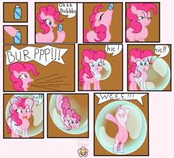 Size: 939x851 | Tagged: safe, artist:sakurakitune, pinkie pie, earth pony, pony, g4, blowing bubbles, bubble, bubble solution, burp, comic, drinking, female, hiccup, in bubble, mare, pinkie being pinkie, pinkie pie trapped in a bubble, soap bubble, trapped