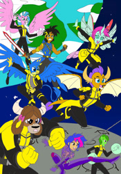 Size: 748x1069 | Tagged: safe, artist:jmkplover, artist:spiders123, gallus, ocellus, sandbar, silverstream, smolder, twilight sparkle, yona, oc, oc:mayday parker sparkle, oc:ullr, changedling, changeling, classical hippogriff, dragon, earth pony, griffon, hippogriff, human, yak, anthro, g4, school daze, collaboration, crossover, dragoness, fanfic art, female, humanized, male, marvel, marvel comics, moon, space, spider-man, student six, twilight sparkle (alicorn), x-men, x-men: first class