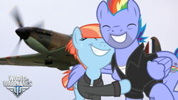 Size: 1920x1080 | Tagged: safe, artist:dashiesparkle, artist:edy_january, bow hothoof, windy whistles, pegasus, pony, g4, air force, clothes, cloudsdale, female, fighter, flying, husband and wife, jacket, male, military, pilot, plane, shirt, sky, stallion, supermarine spitfire, t-shirt, united states, vector used, warplane, world of warplanes, world war ii