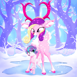 Size: 2500x2500 | Tagged: safe, artist:rurihal, princess cadance, princess flurry heart, deer, reindeer, g4, calf, chest fluff, cloven hooves, coat markings, colored belly, colored ear fluff, colored eyebrows, colored hooves, colored horns, colored nose, colored pinnae, cute, cutedance, deerified, doe, female, flurrybetes, high res, ice, looking at each other, looking at someone, mother and child, mother and daughter, pale belly, red nose, reindeerified, snow, snowfall, socks (coat markings), species swap, standing, standing over