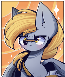 Size: 1950x2300 | Tagged: safe, artist:miryelis, derpy hooves, pegasus, pony, g4, background pony, bag, big ears, blushing, bust, duckface, high res, letter, pencil, short hair, signature, simple background, solo, sparkles, wings