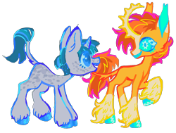 Size: 1280x966 | Tagged: safe, artist:webkinzworldz, stygian, sunburst, pony, unicorn, g4, alternate design, blaze (coat marking), blue eyes, body freckles, cheek fluff, coat markings, colored eyelashes, colored hooves, colored sclera, colored teeth, curved horn, duo, ear tufts, facial markings, freckles, grin, hoof polish, horn, leonine tail, looking at each other, looking at someone, male, open mouth, raised hoof, sharp teeth, simple background, smiling, socks (coat markings), spiked horn, stallion, tail, teeth, transparent background, unshorn fetlocks