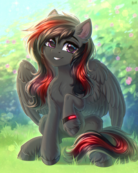 Size: 2300x2875 | Tagged: safe, artist:hakaina, oc, oc:se solar eclipse, pegasus, pony, belly, belly fluff, blurry background, chest fluff, colored, commission, concave belly, cute, depth of field, ear fluff, fluffy, grass, grin, head tilt, high res, hoofband, leg fluff, lighting, looking at you, ocbetes, partially open wings, pegasus oc, pink eyes, pony oc, raised hoof, shading, simple background, sitting, slender, smiling, smiling at you, solo, spread wings, teeth, thin, unshorn fetlocks, watch, wings, wristband, wristwatch, ych result