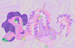 Size: 1280x830 | Tagged: safe, artist:peaceandlove26, kimono, wysteria, earth pony, pony, unicorn, g3, coat markings, colored eyelashes, colored hooves, duo, eyeshadow, floppy ears, green eyes, hair bun, hoof polish, lavender background, leonine tail, looking up, lying down, makeup, prone, purple background, race swap, shaped irises, simple background, socks (coat markings), tail, unicorn wysteria, unshorn fetlocks, wavy mane, wavy tail