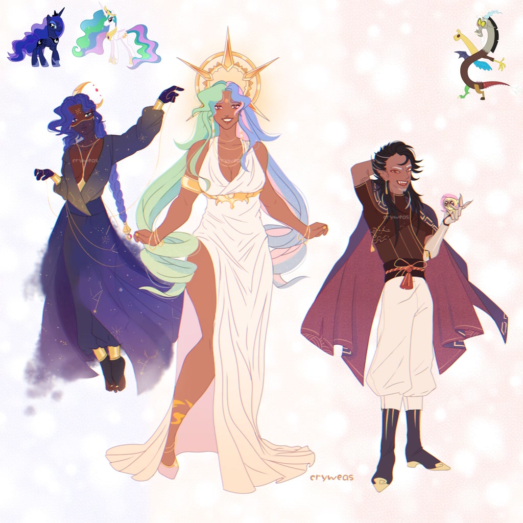#3105408 - safe, artist:cryweas, discord, fluttershy, princess celestia