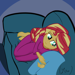 Size: 800x800 | Tagged: safe, artist:calmbreezes, sunset shimmer, oc, oc:anon, human, equestria girls, g4, clothes, couch, feet, female, hug, offscreen character, pajamas, pov