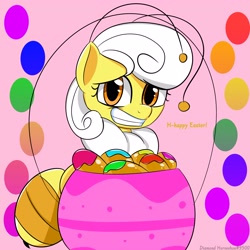 Size: 3000x3000 | Tagged: safe, artist:bestponies, oc, oc only, oc:buzzing pollen, bee, bee pony, insect, monster pony, original species, pony, changeling egg, easter, egg, female, high res, holiday, looking at you, mare, smiling, solo