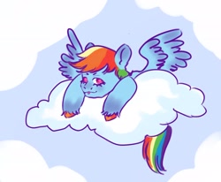 Size: 2048x1685 | Tagged: safe, artist:sleepybooo, rainbow dash, pegasus, pony, g4, cloud, female, on a cloud, solo, tongue out, unshorn fetlocks