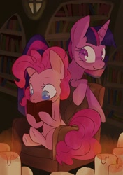 Size: 1444x2048 | Tagged: safe, artist:knyfe_manor, pinkie pie, twilight sparkle, alicorn, earth pony, pony, g4, book, bookshelf, candle, female, twilight sparkle (alicorn)