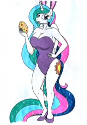 Size: 2448x3500 | Tagged: safe, artist:killerteddybear94, princess celestia, alicorn, anthro, g4, adorasexy, beautisexy, big breasts, breasts, bunny suit, bunnylestia, busty princess celestia, cleavage, clothes, cute, easter, easter egg, hand on hip, high heels, high res, holiday, looking at you, praise the sun, purple leotard, sexy, shoes, simple background, solo, white background, wide hips