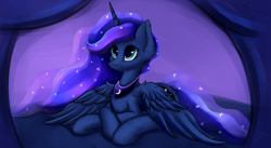 Size: 3648x1992 | Tagged: safe, artist:aquamuro, princess luna, alicorn, pony, g4, bed, chest fluff, cute, ear fluff, ethereal mane, female, fluffy, high res, horn, lidded eyes, lunabetes, lying down, mare, on bed, prone, signature, simple background, smiling, solo, spread wings, wings