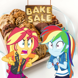 Size: 1370x1370 | Tagged: safe, artist:ewie2002, rainbow dash, sunset shimmer, human, equestria girls, g4, cookie, duo, female, food, photo, wat