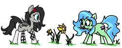 Size: 1024x400 | Tagged: safe, artist:firecracker, tealove, oc, oc only, oc:boggy, bat pony, earth pony, pony, g4, bat pony oc, clothes, female, flower, flower in hair, mare, simple background, socks, white background