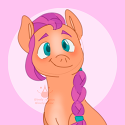 Size: 1000x1000 | Tagged: safe, artist:lovelywaynaic, sunny starscout, earth pony, pony, g5, braid, braided ponytail, bust, cute, female, happy, ponytail, smiling, sunnybetes