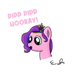 Size: 1080x1080 | Tagged: safe, artist:everydaydashie, pipp petals, pegasus, pony, g5, bust, crown, female, jewelry, mare, open mouth, open smile, pipp pipp hooray, regalia, signature, simple background, smiling, solo, talking, text, white background