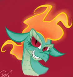 Size: 858x913 | Tagged: safe, artist:toxiccoswynaut, tianhuo (tfh), dragon, hybrid, longma, them's fightin' herds, bust, community related, female, grin, looking at you, mane of fire, red background, signature, simple background, smiling, smirk, solo