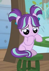 Size: 840x1210 | Tagged: safe, screencap, starlight glimmer, pony, unicorn, g4, season 6, the crystalling, cropped, cute, daaaaaaaaaaaw, female, filly, filly starlight glimmer, frown, glimmerbetes, looking down, sad, sadlight glimmer, sadorable, sitting, solo, younger