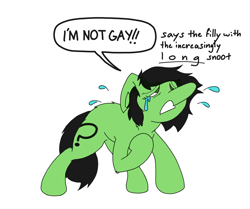 Size: 3508x2929 | Tagged: safe, artist:ponny, oc, oc only, oc:filly anon, earth pony, pony, crying, female, filly, high res, long muzzle, not gay, simple background, solo, speech bubble, text, white background