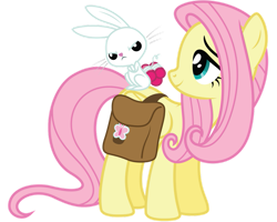 Size: 999x800 | Tagged: safe, artist:midnight--blitz, angel bunny, fluttershy, pegasus, pony, rabbit, g4, angel bunny is not amused, animal, bag, cute, duo, female, hair curlers, male, mare, misleading thumbnail, not tnt, saddle bag, shyabetes, simple background, smiling, transparent background, unamused, vector